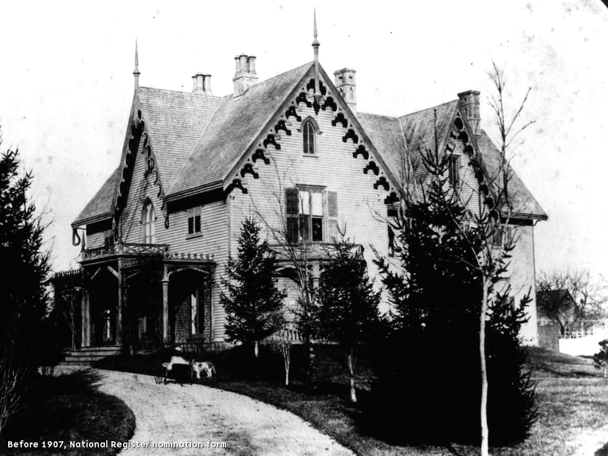 A two and a half story, symmetrical façade, steep gable roof wood frame home with gothic and federal-style details. A complete architectural description in the History section