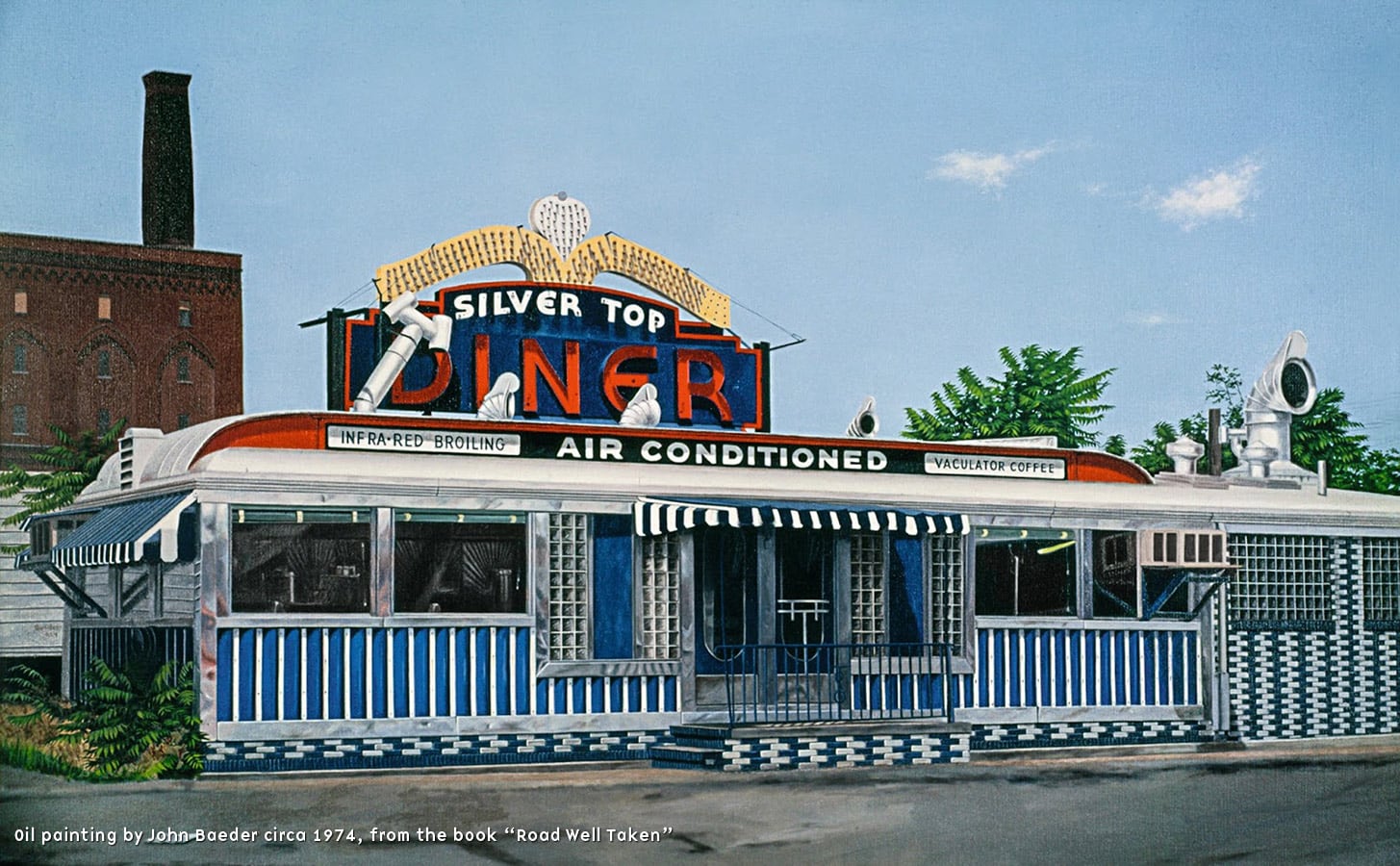 A metal and enamel-clad pre-manifactured diner car resembling a streamlined train car. The exterior has blue, silver, and red details. A central entrance vestibule is located on the front. The diner is long but not very deep — again, much like a train or subway car. The interior is a mix of built-in-place metal, enamel, and formica booths, countertop, stools, and stainless steel kitchen area with flat-top grill and good-prep station.