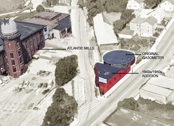Aerial overview of the Atlantic Mill and adjacent Gasometer